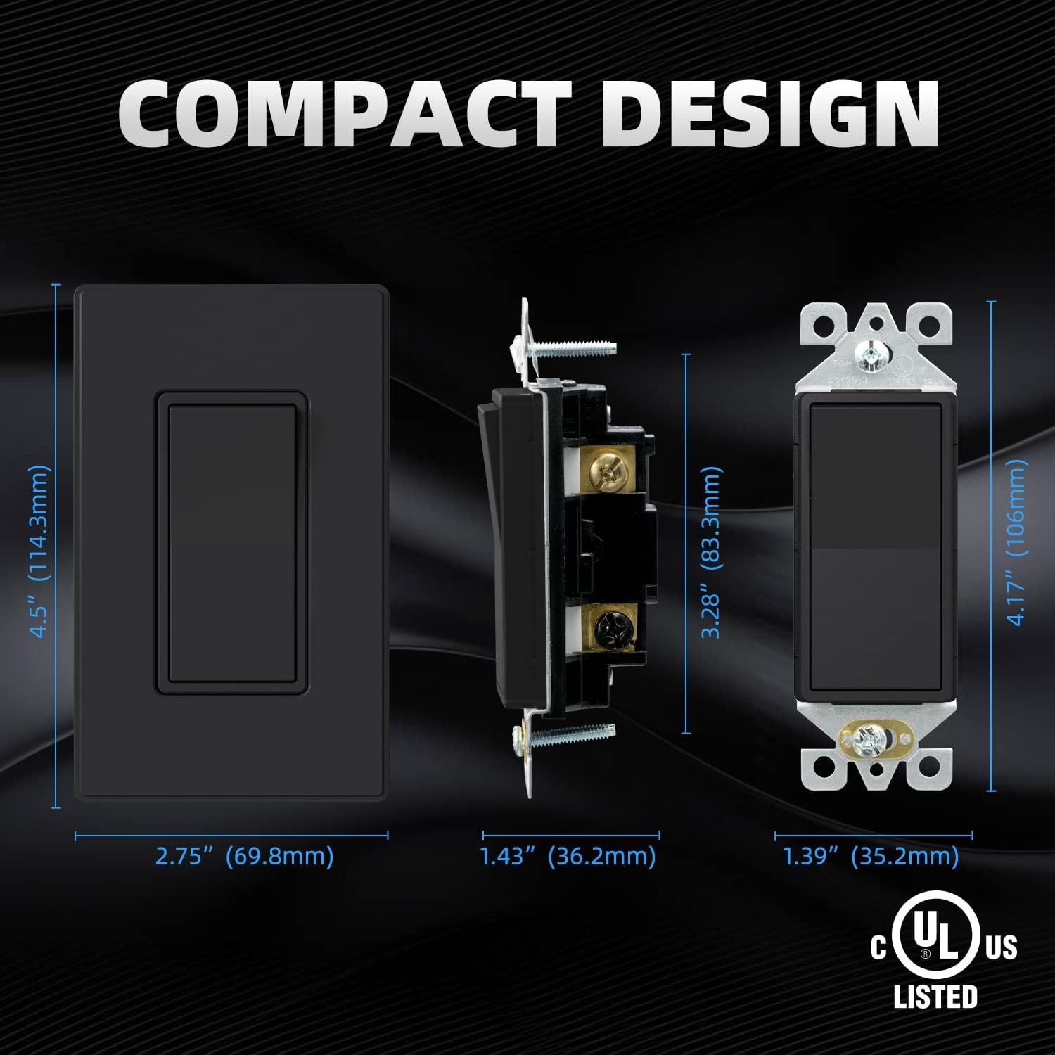 Matte Black 3 Way Decorative Light Switch with Plate, 15Amp, 120-277 Volt, AC…