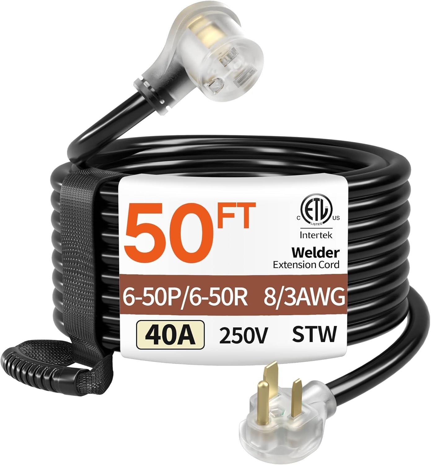 50FT 40 Amp 8 Gauge 3 Prong Welder Extension Cord, NEMA 6-50P to NEMA 6-50R, Hea