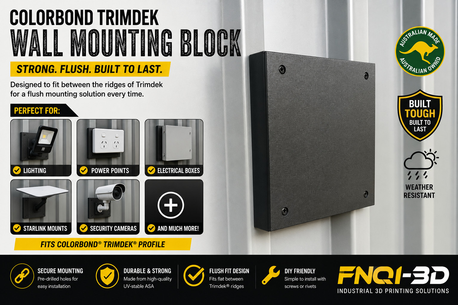 Colorbond Trimdek Mounting Block Flush Wall Mount for Starlink Lights & Electric