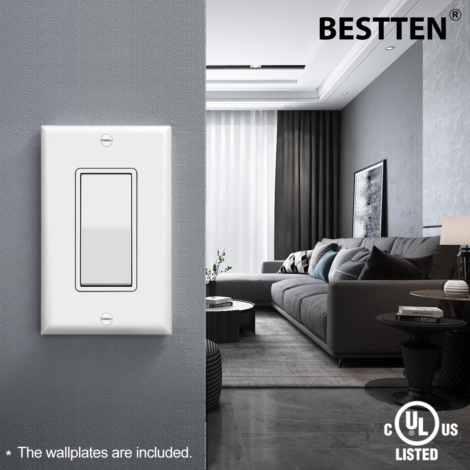 10 Pack Single Pole Decorator Light Switch with Wallplate, 15A 120/277V, Rock…