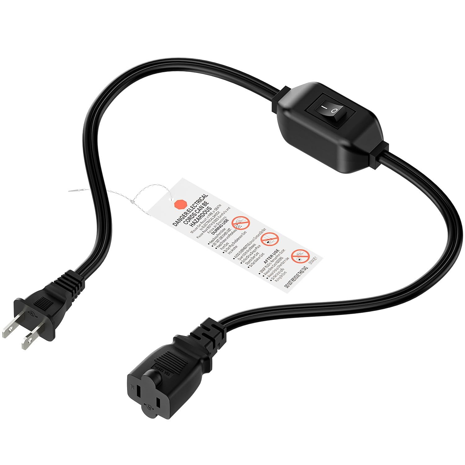 0.6m 2-Prong Extension Cord with Switch, 2 Outlets, 16AWG, 12A/125V