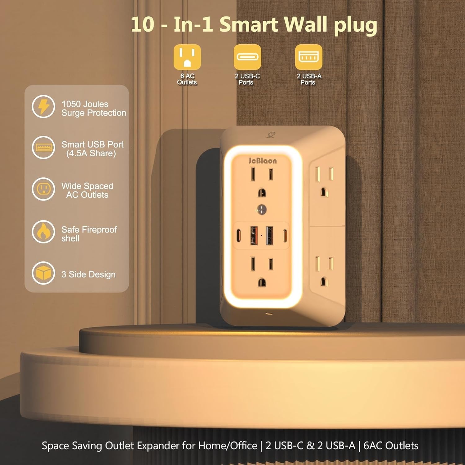 Wall Outlet Extender with Night Light, Power Plug Adapter 6 Outlet Extender with