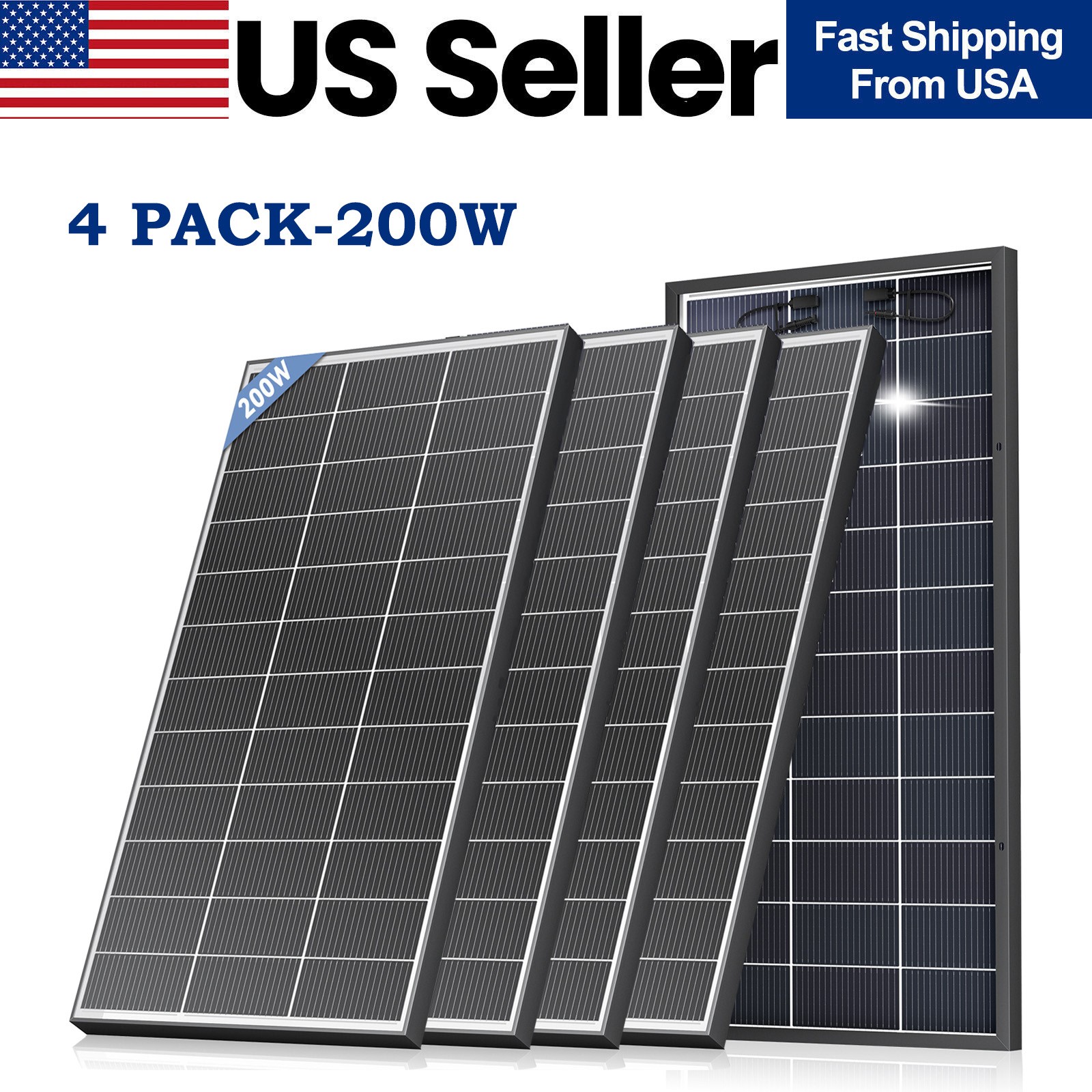 4Pack 200W（800W）N-Type 18BB Bifacial Solar Panel Mono Cell Off Grid Roof RV Boat