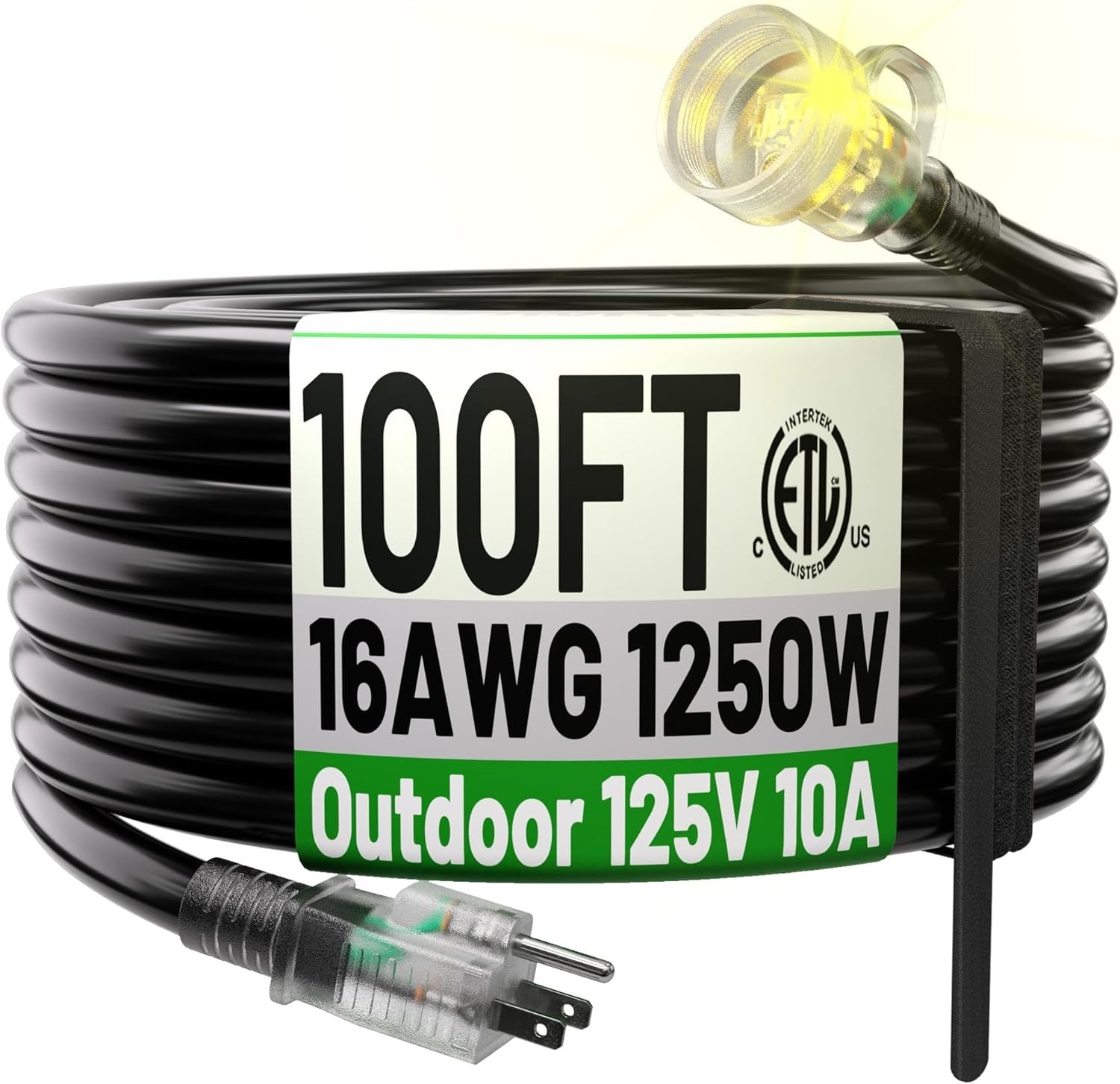 100ft Power Outdoor Extension Cord & Indoor – Waterproof Electric Drop Cord