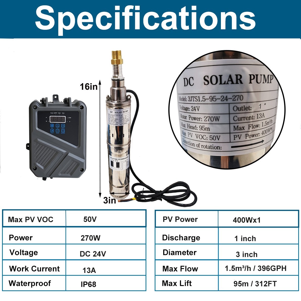 3″ DC 24V Solar Pump Submersible Pump Bore 270W Deep Well Pump + MPPT Controller