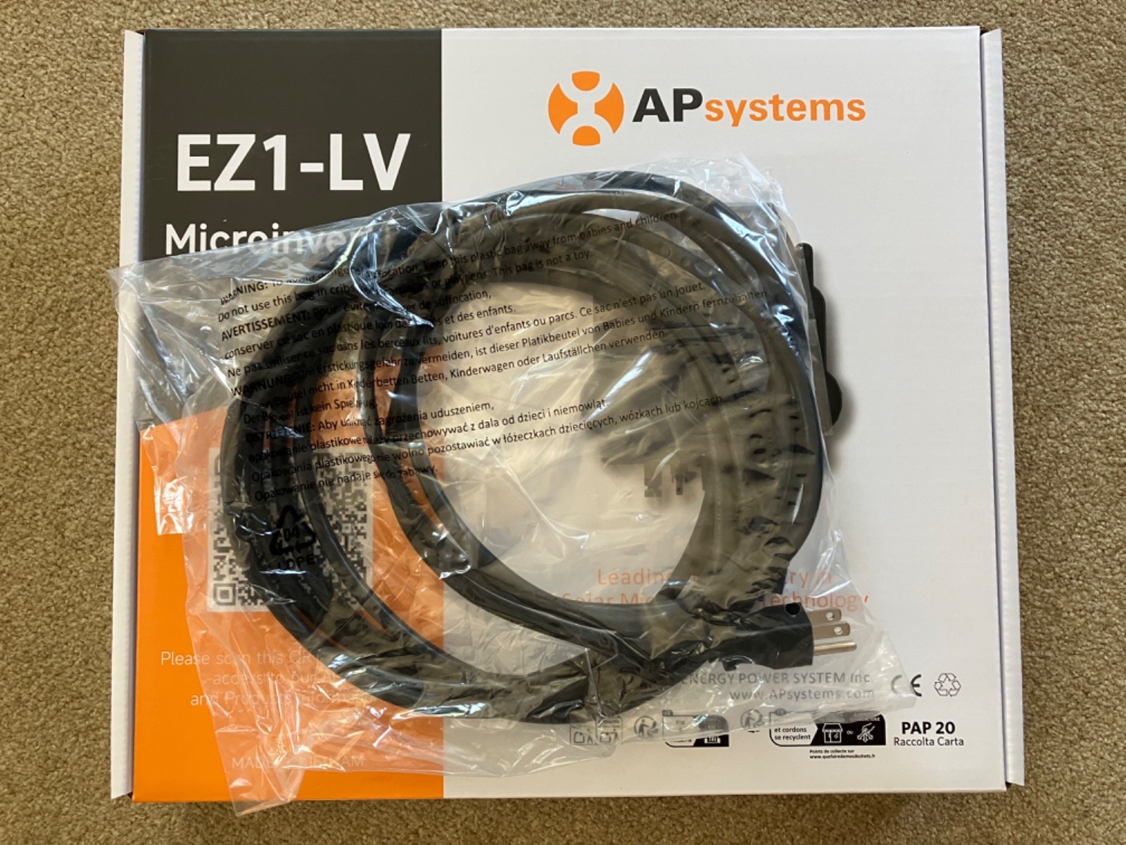 APSystems 120v EZ1-LV Plug-in Balcony Solar Microinverter with Power Cord