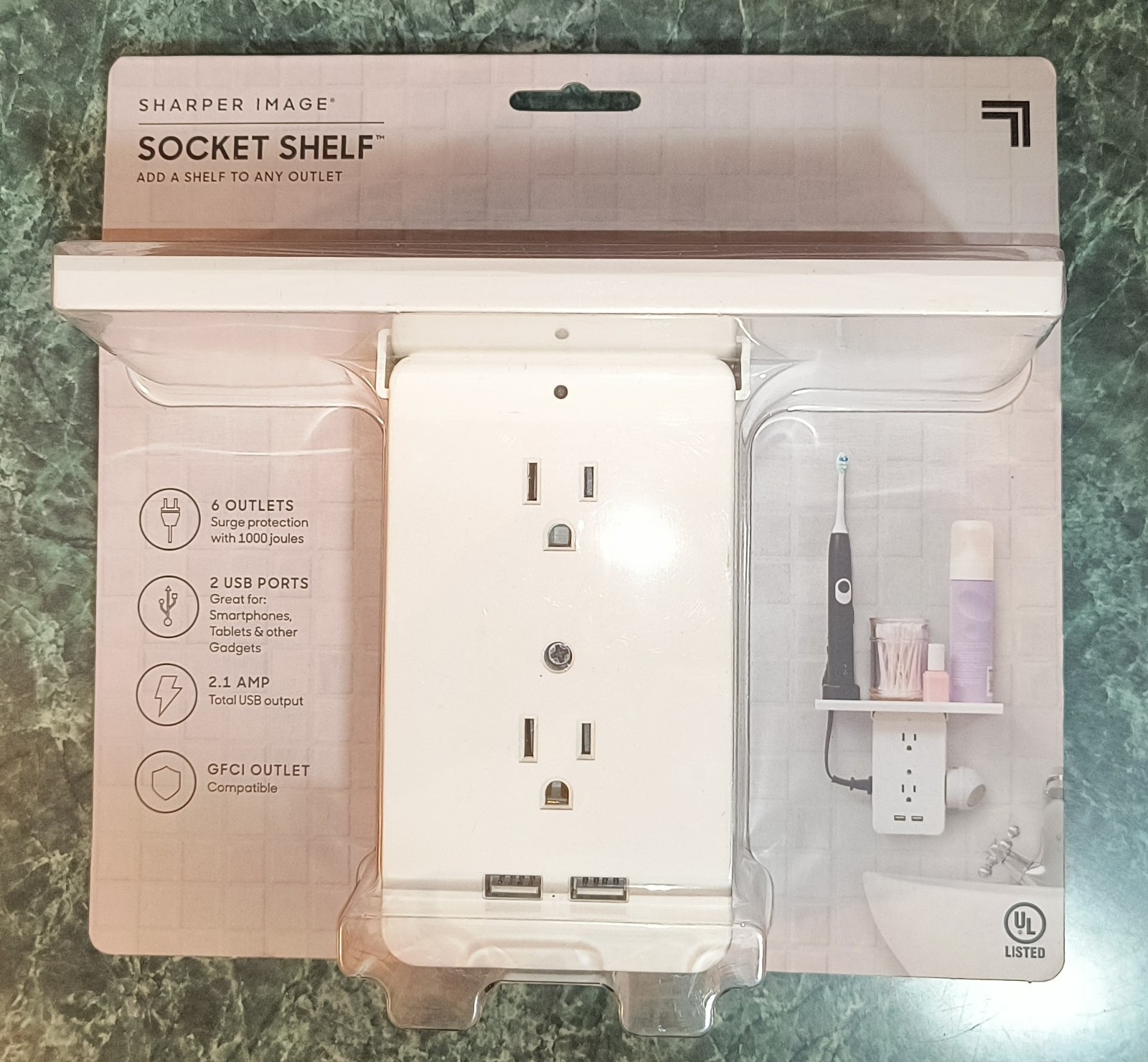 Sharper Image Socket Shelf Cordless Wall 6-Outlet Extender – White
