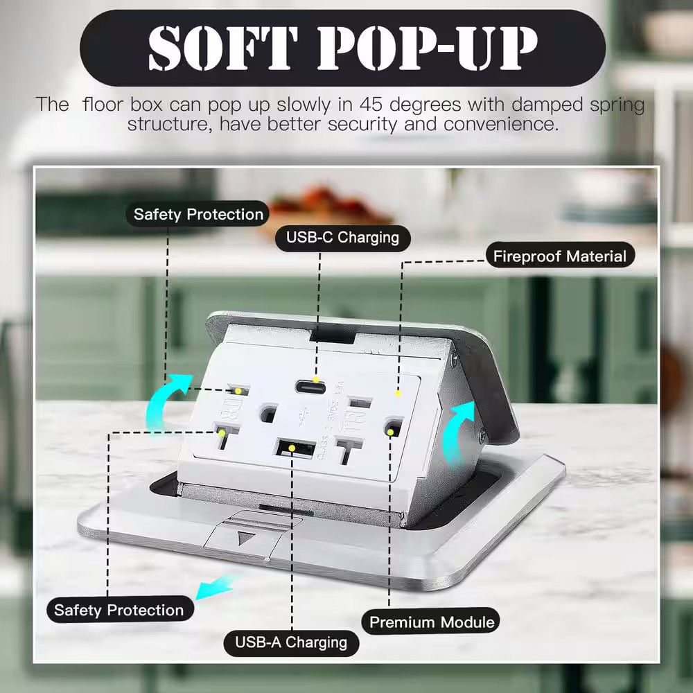 20 Amp 120-Volts Pop-Up Floor Electrical Outlet in Silver with USB Ports and Tam