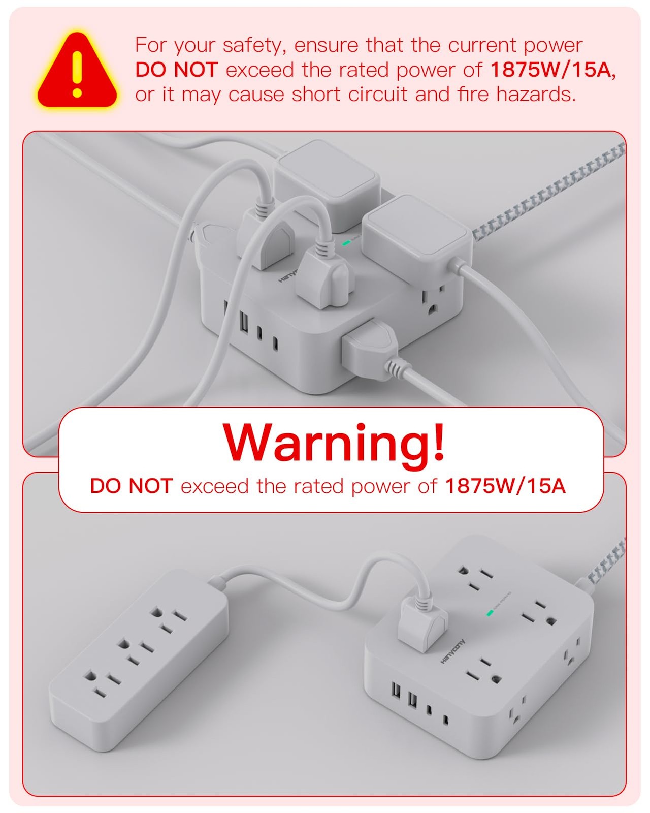 Surge Protector Power Strip, 1080J, 5 Ft Braided Extension Cord