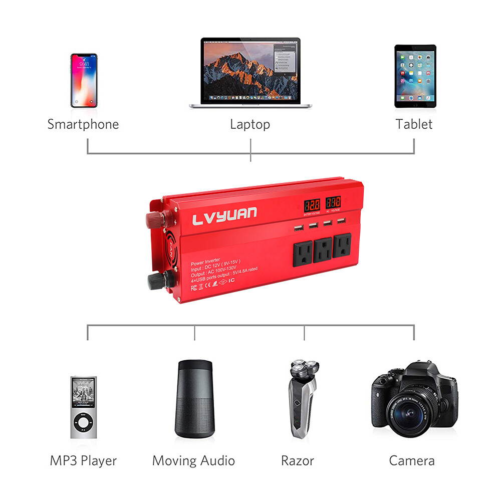1000W Power Inverter 12V DC to 110V AC Converter 2000W Peak 3 Outlets 4 USB Port