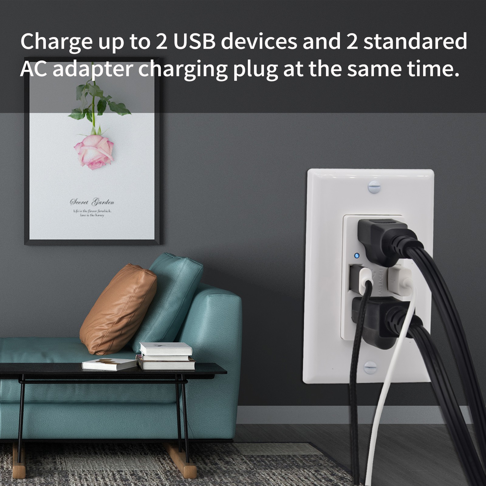 2 USB Ports with 15AMP Dual Outlet Tamper Resistant Wall Socket Standrad Size 2×