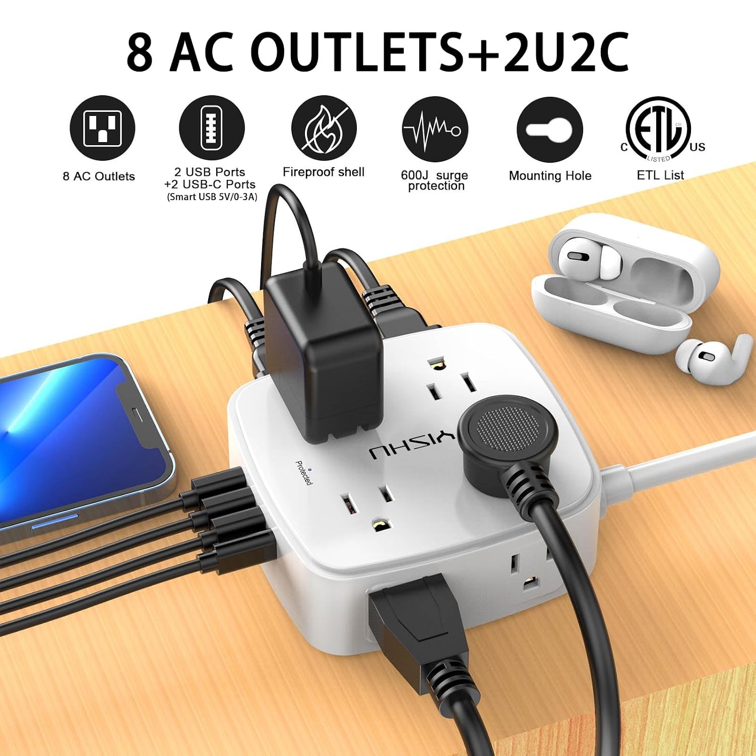 6 Ft Surge Protector Power Strip – 8 Widely Outlets with 4 USB Ports, 3 Side Out