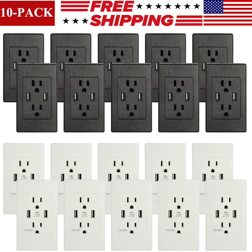 Dual USB Port Wall Socket Charger 15A AC Power Receptacle Outlet Plate Panel Lot