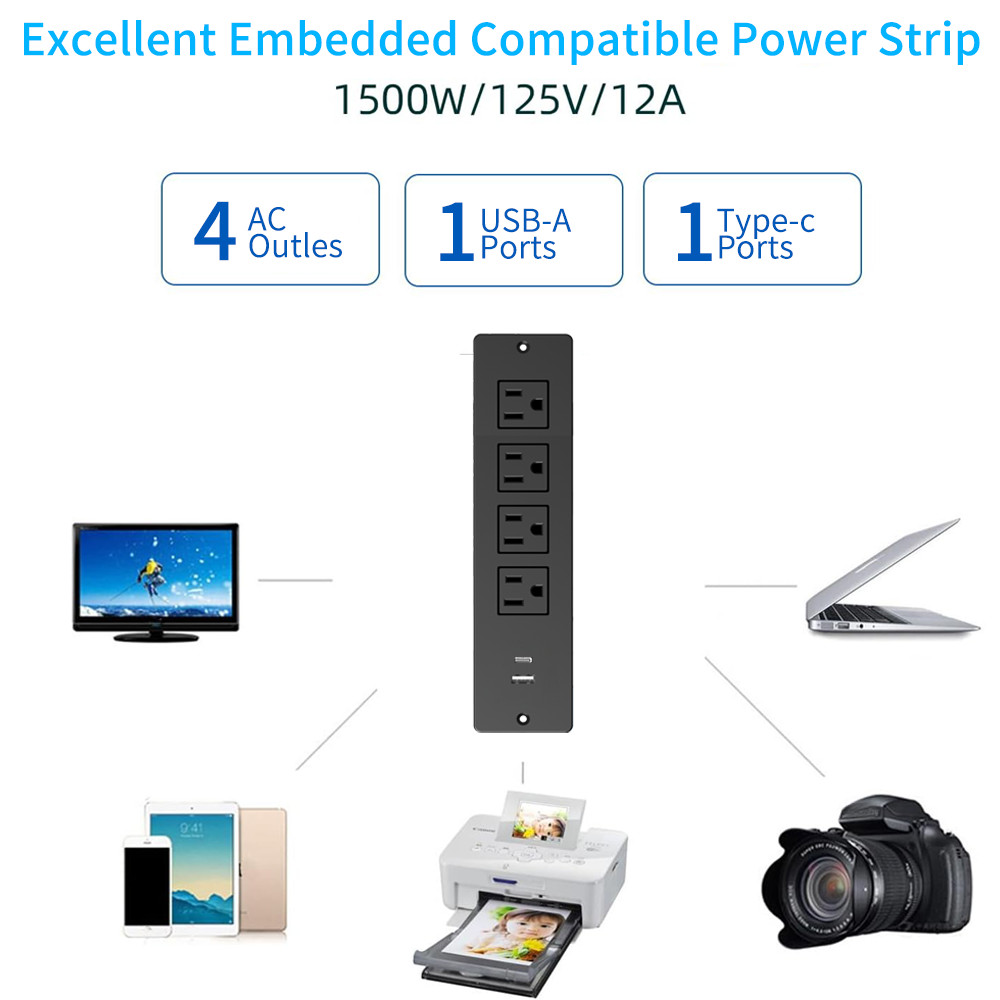 Flush Mount Power Strip with 4 AC Outlets & USB-A USB-C Ports for Indoor Desk