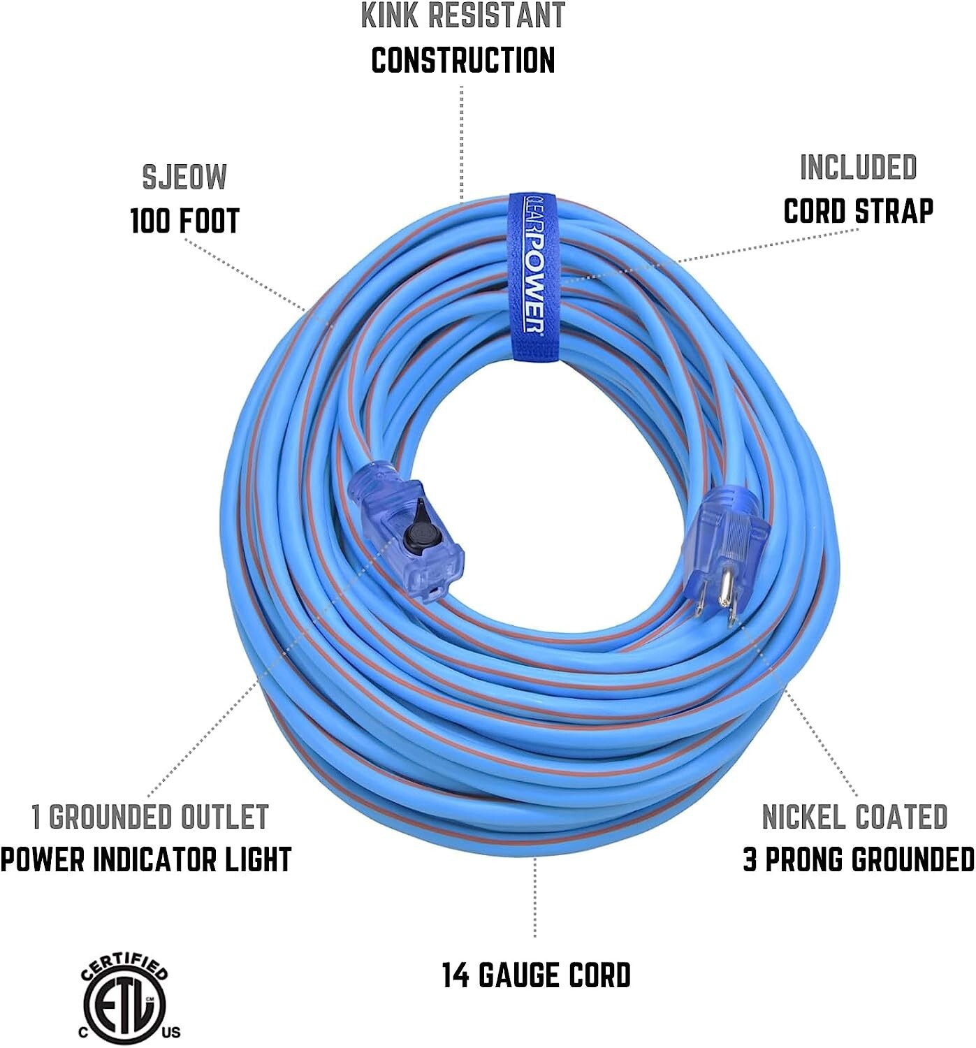 CP 100 ft 14/3 SJEOW, TPE Rubber Heavy Duty Extension Cord, Blue/Orange, CP10089