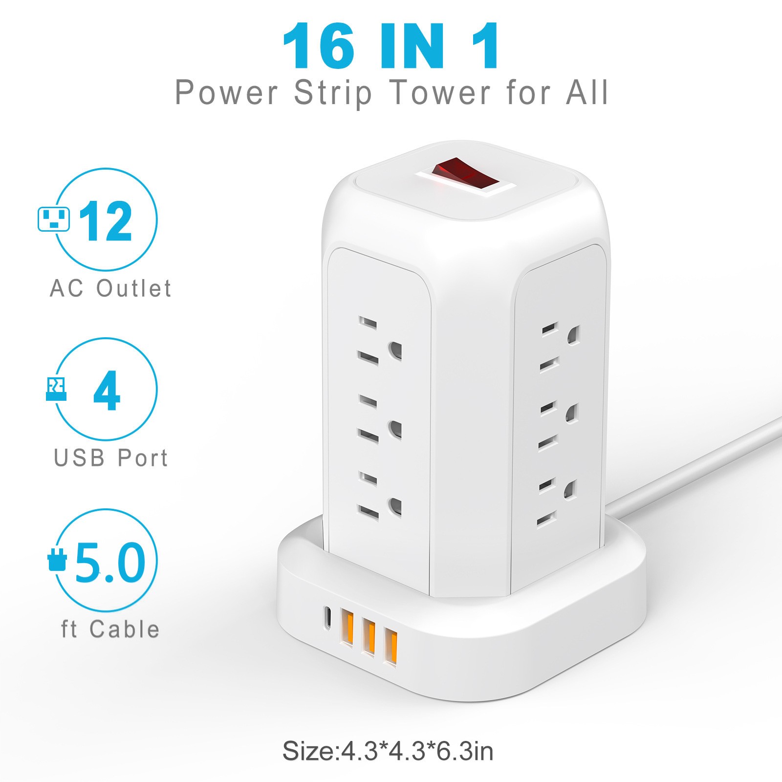 5FT Tower Power Strip with Individual Switches 12 Outlets 4 USB Ports(1 Type C)