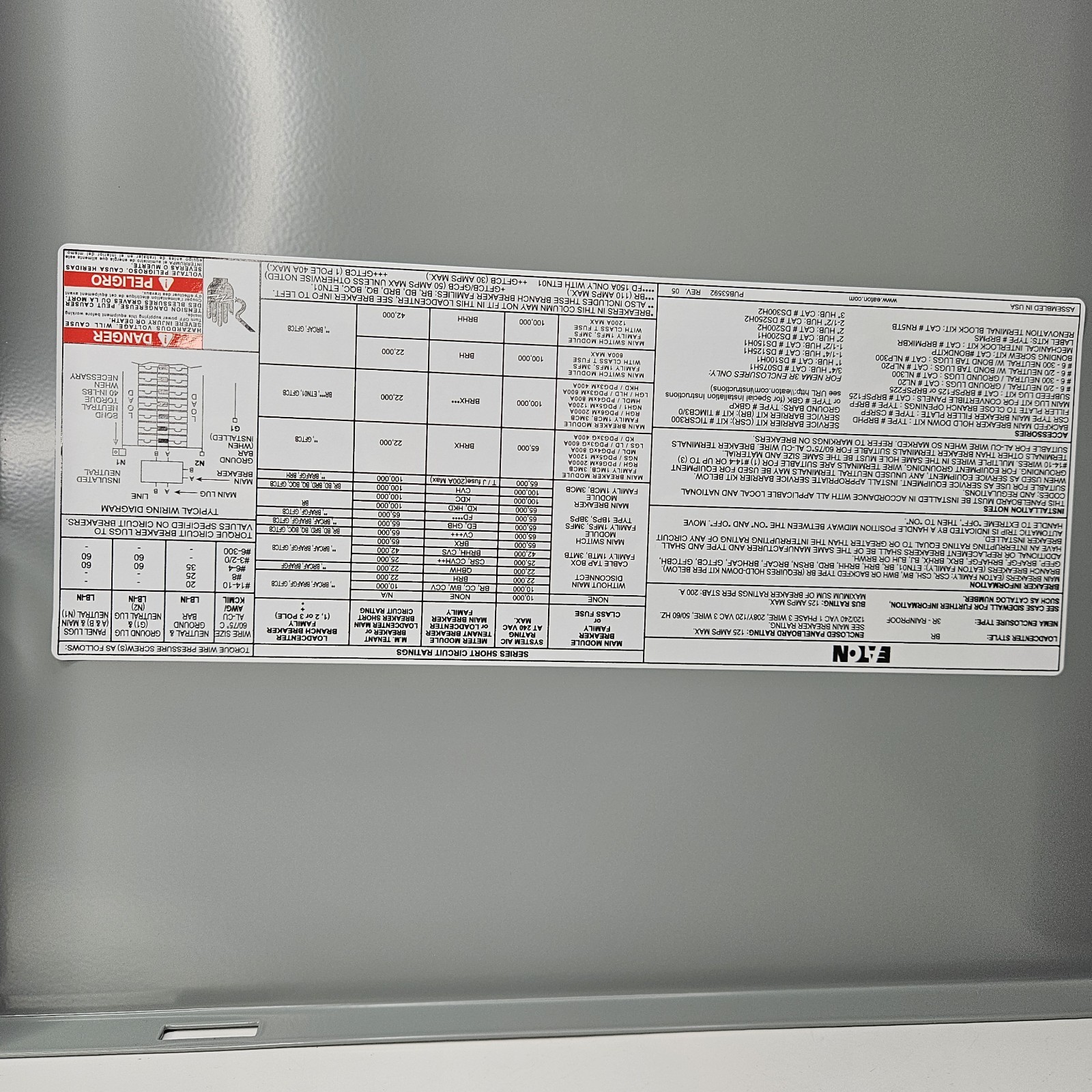 Eaton BRP20L125R 125A 120/240V 20-Space 40-Circuit Outdoor Main Lug NEW