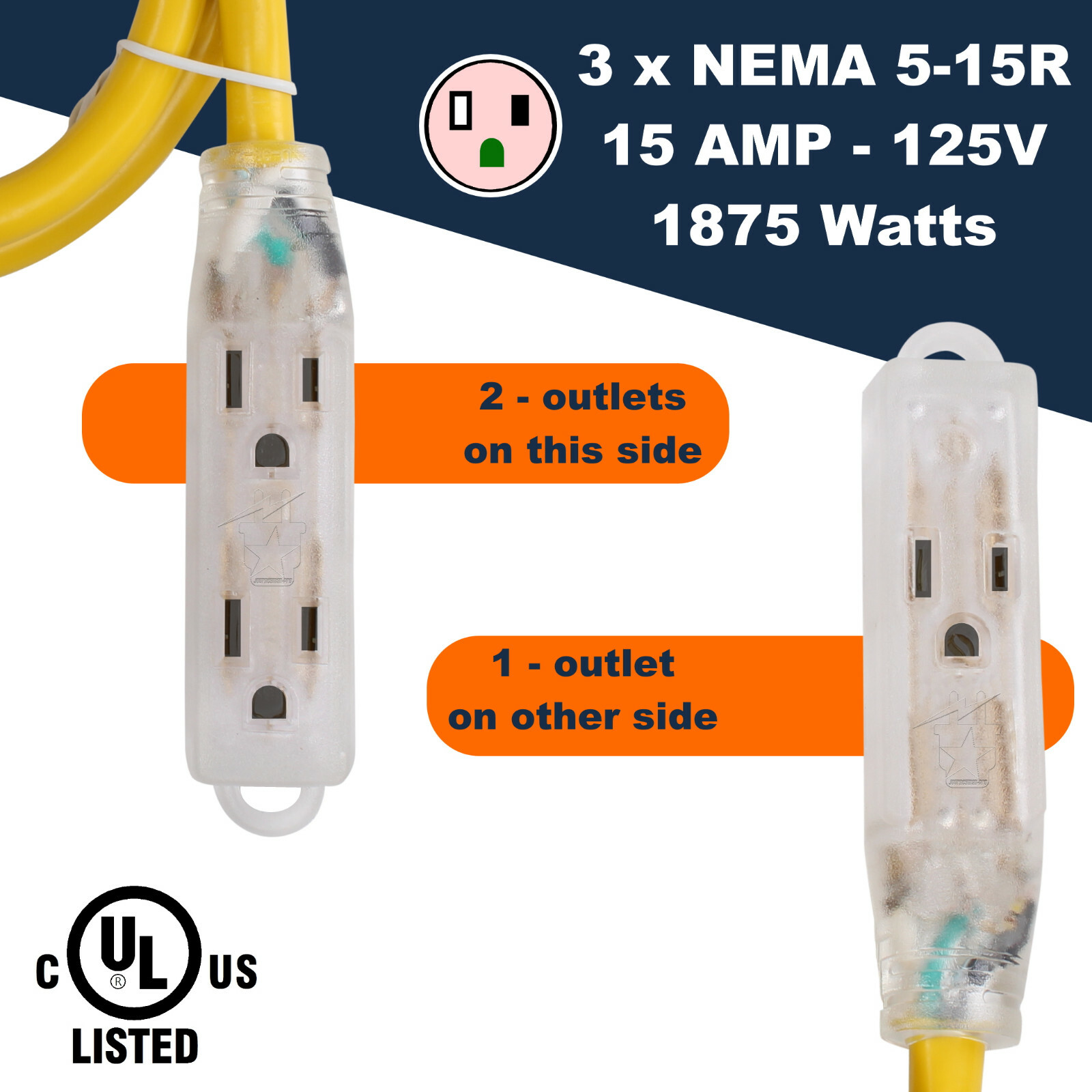 Lighted Outdoor Extension Cord 3ft 515P to 3 Way 515R Splitter 15 AMP 125 Volts
