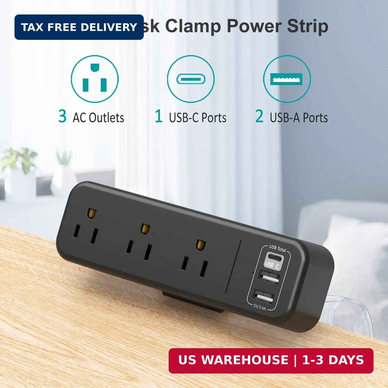 Desk Clamp Power Strip with USB C, 3 Outlet Desktop Mount Power Station Removabl