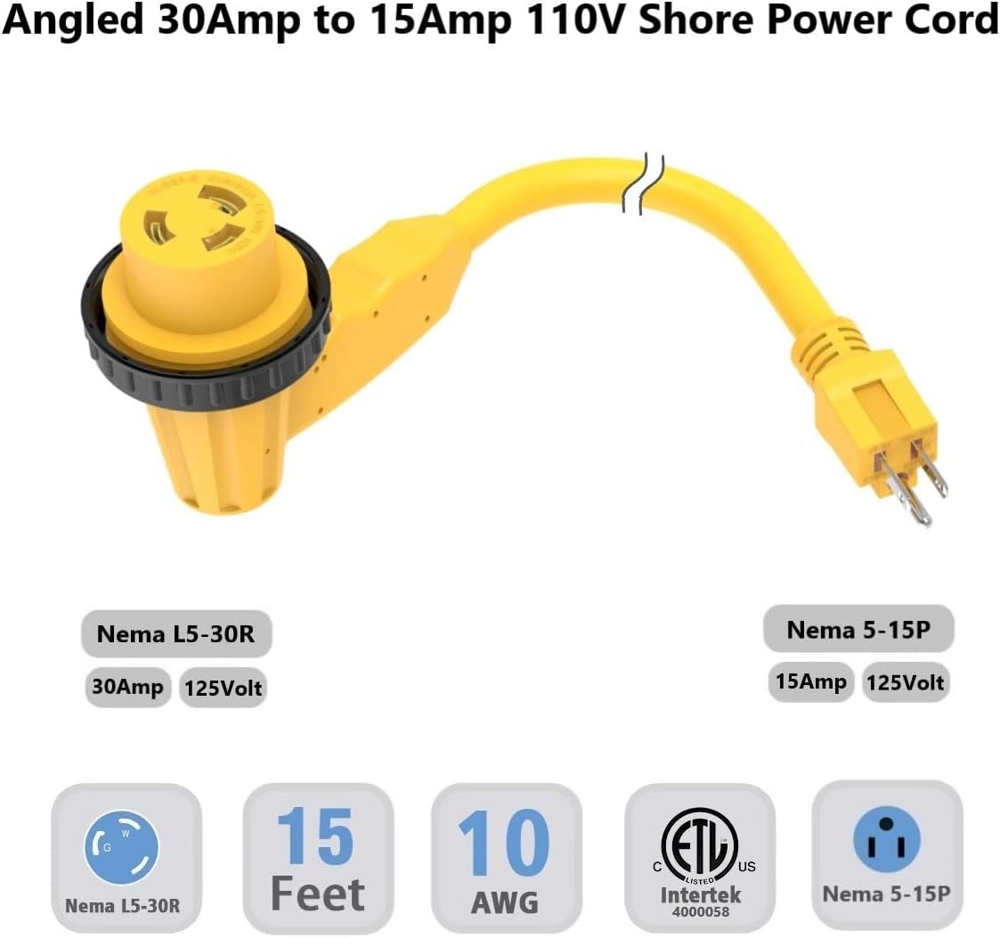 15FT 30-Amp to 110-RV Shore Power Extension Cord, NEMA 5-15P to L5-30R,10AWG 30A