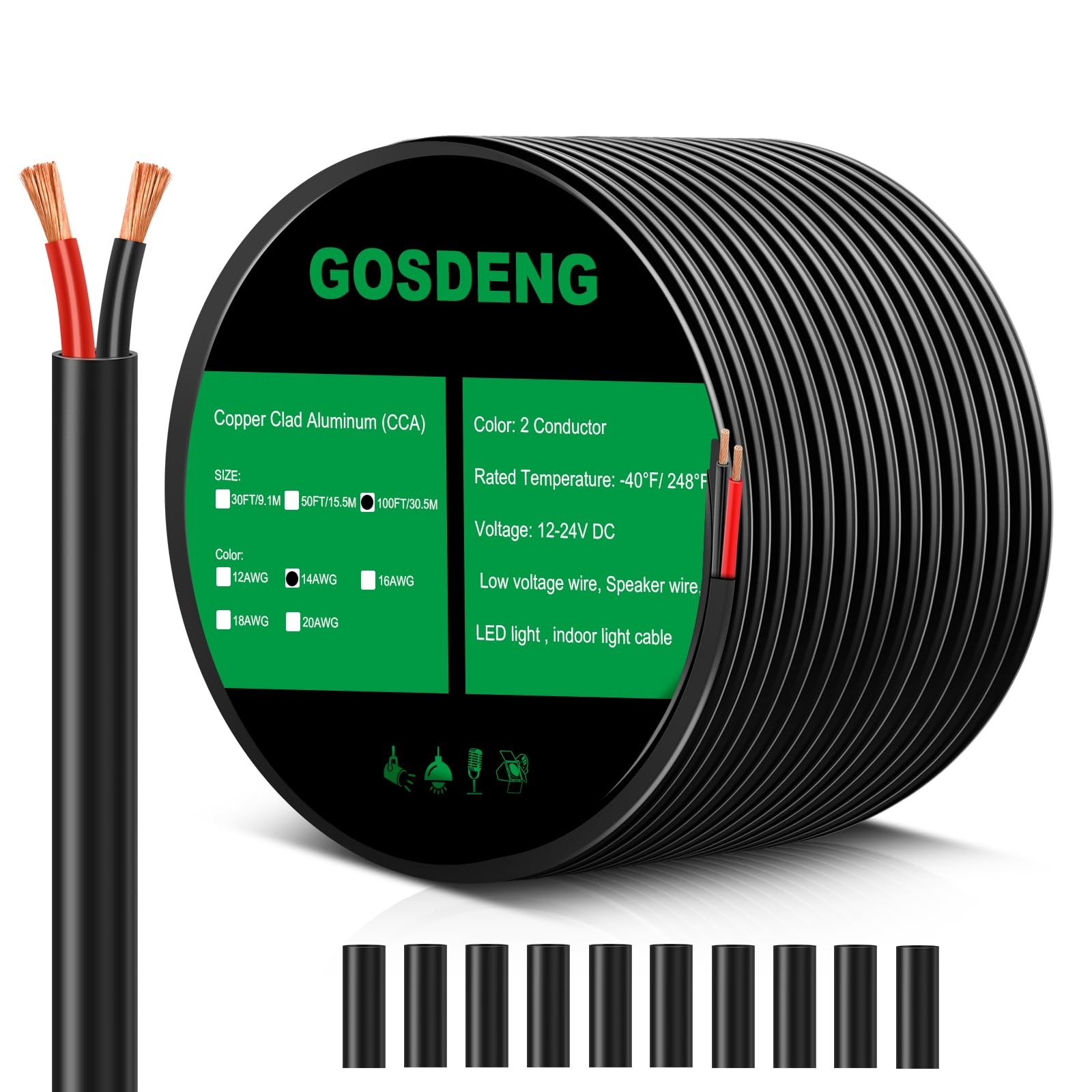 GOSDENG 14 Gauge 2 Conductor Electrical Wire, 14 AWG 2.08mm 100FT, 14AWG-2C