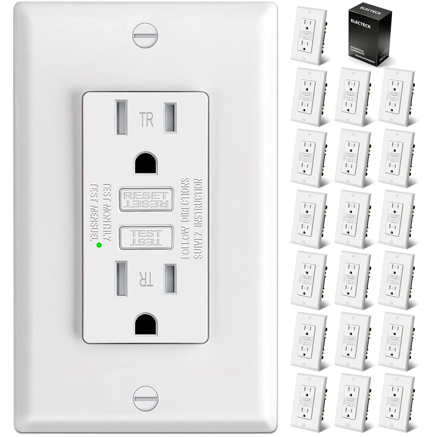 10 Pack GFCI Outlets 15 Amp, Tamper Resistant (TR), Ultra Slim GFI Receptacles w