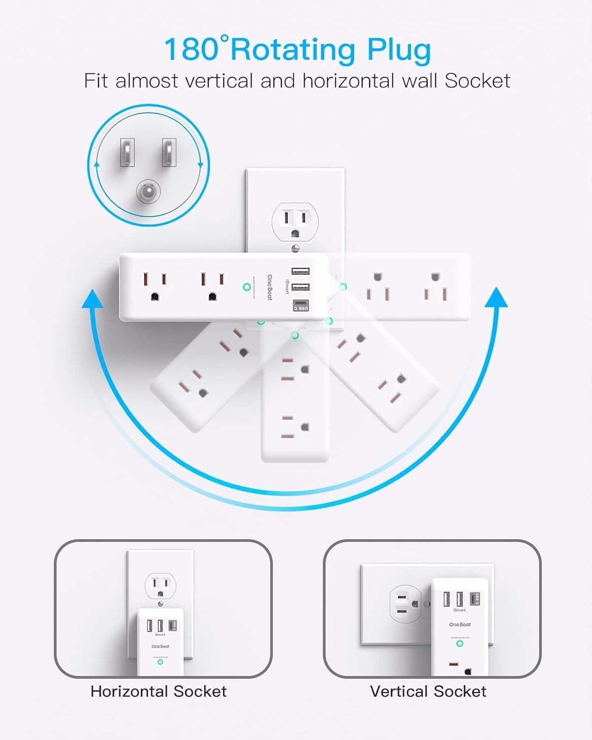 3-Sided Surge Protector with 6 AC Outlets & Rotating Plug for Home & Travel