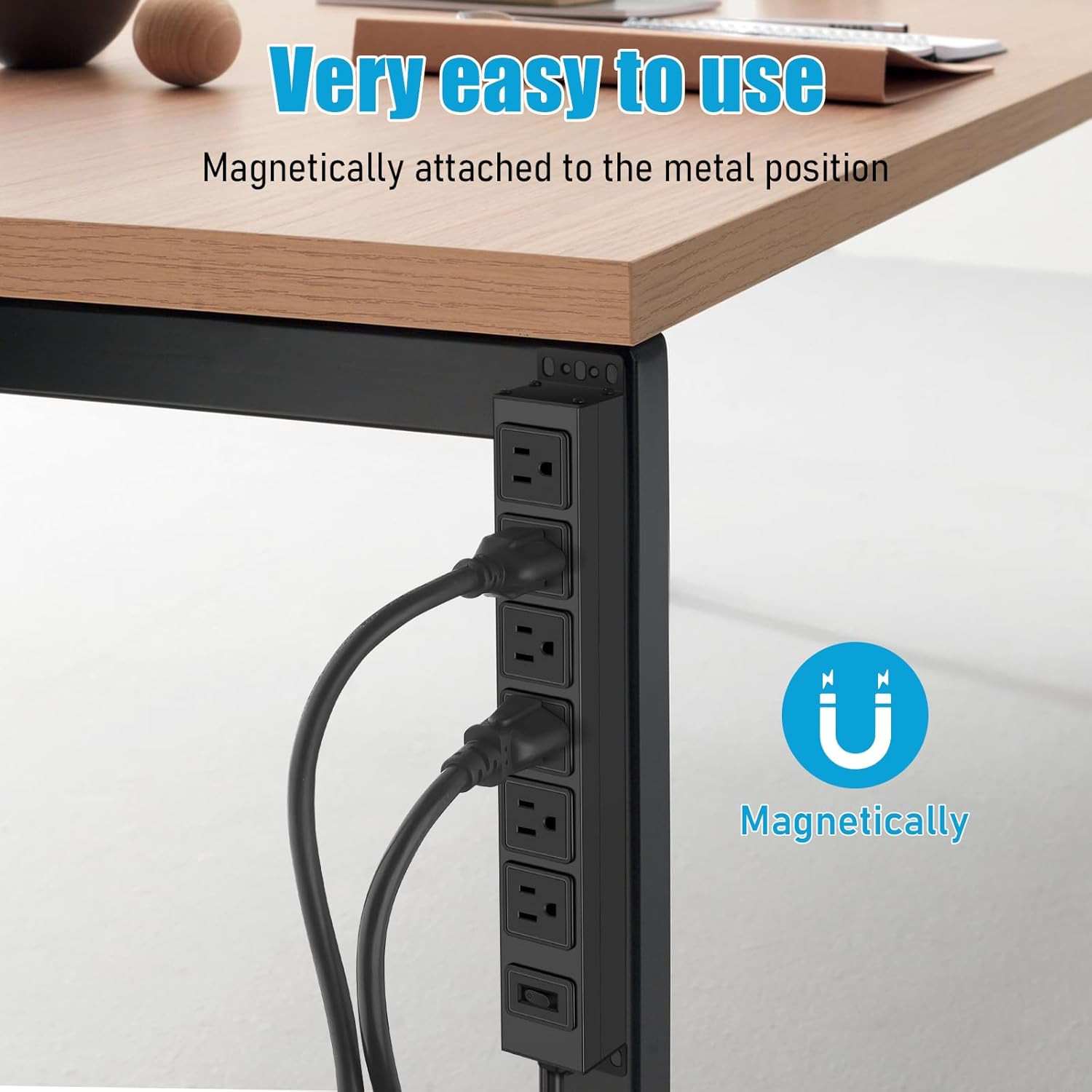 Wall Mount Magnetic Power Strip, under Desk 6 Outlet Mountable Socket, Metal Lon
