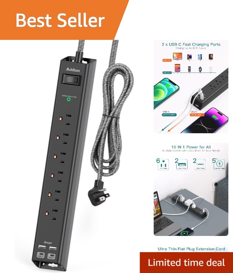 5ft Extension Cord Power Strip with 6 Outlets & Fast USB Charging – Mountable
