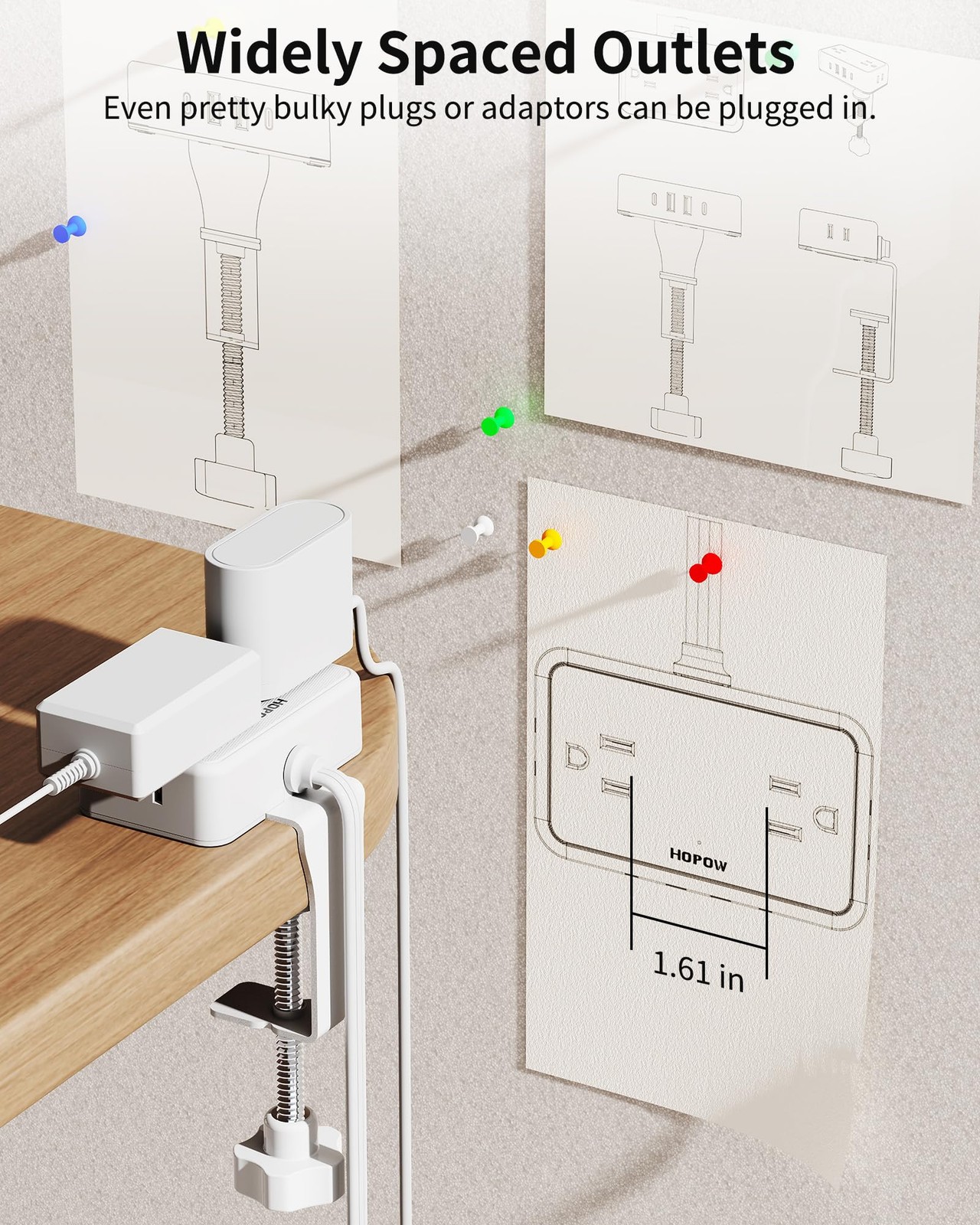 Desk Clamp Power Strip Charging Station 4 Outlet 4 USB 10 Ft White 2.75 Inch