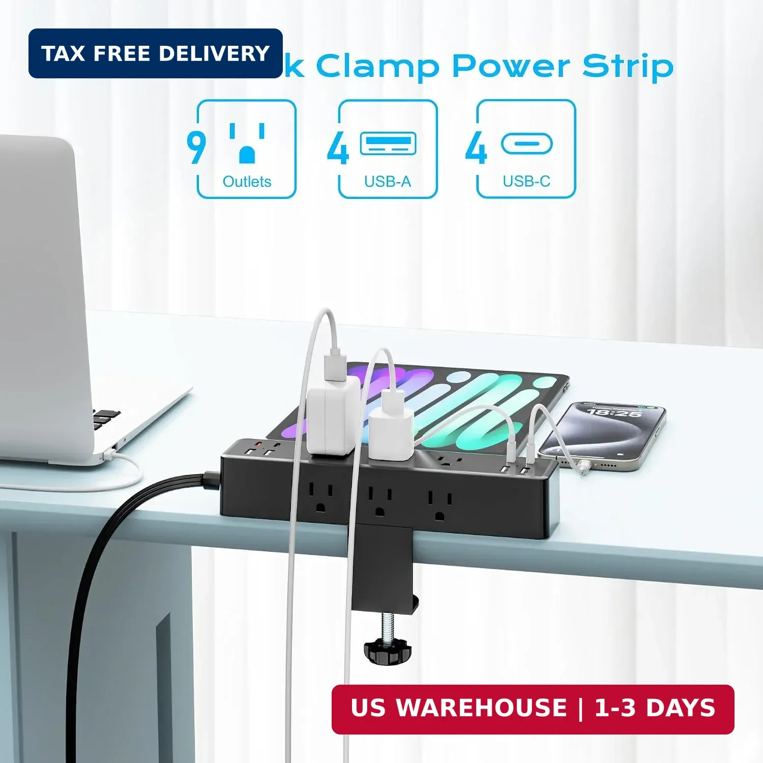 Desk Clamp Power Strip 10FT, 40W Total Fast Charging Station | 9 AC Outlets 8 US