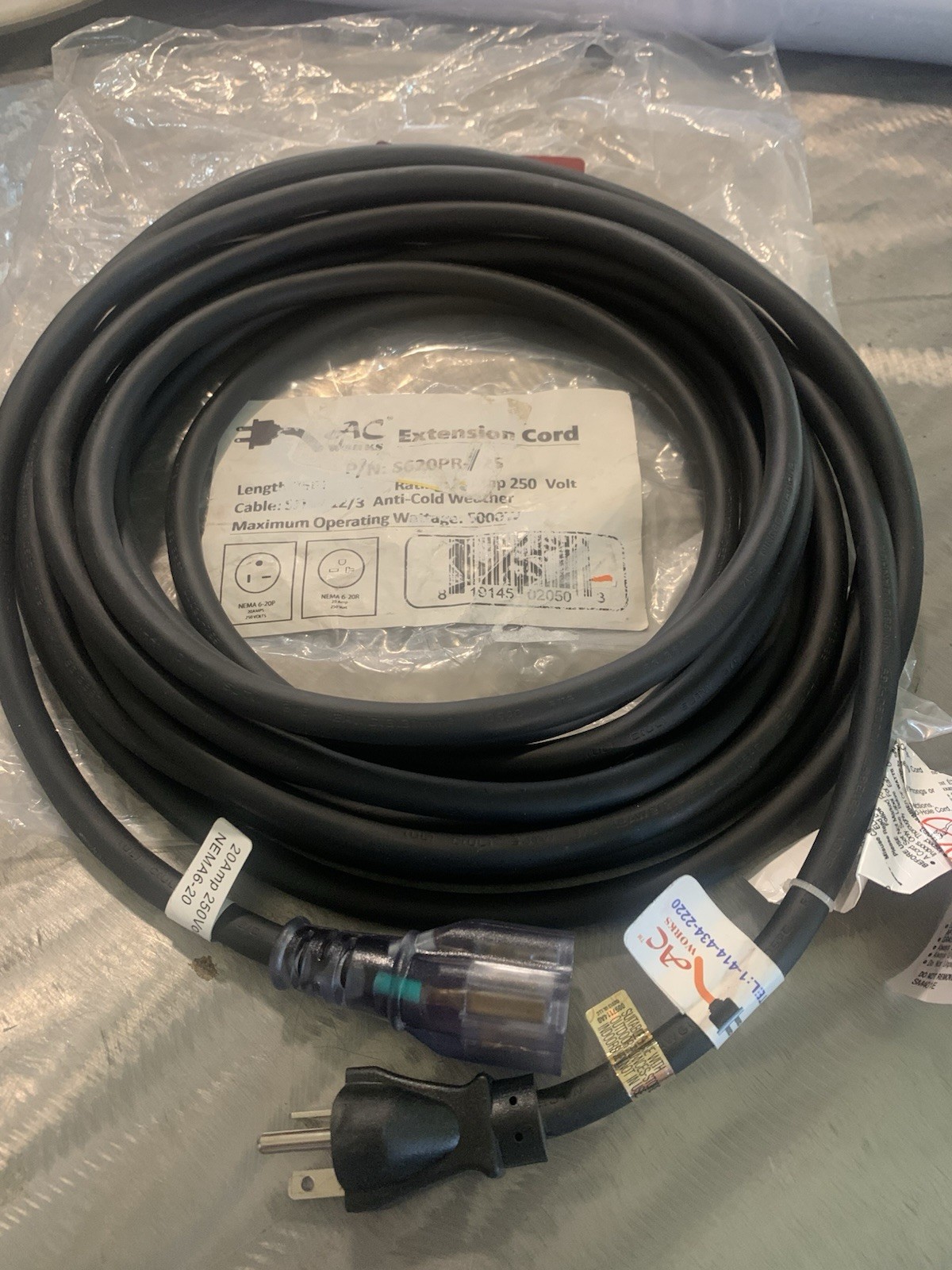 AC WORKS General Purpose Cords 25’Anti-Cold Lighted End Extension Cord Black