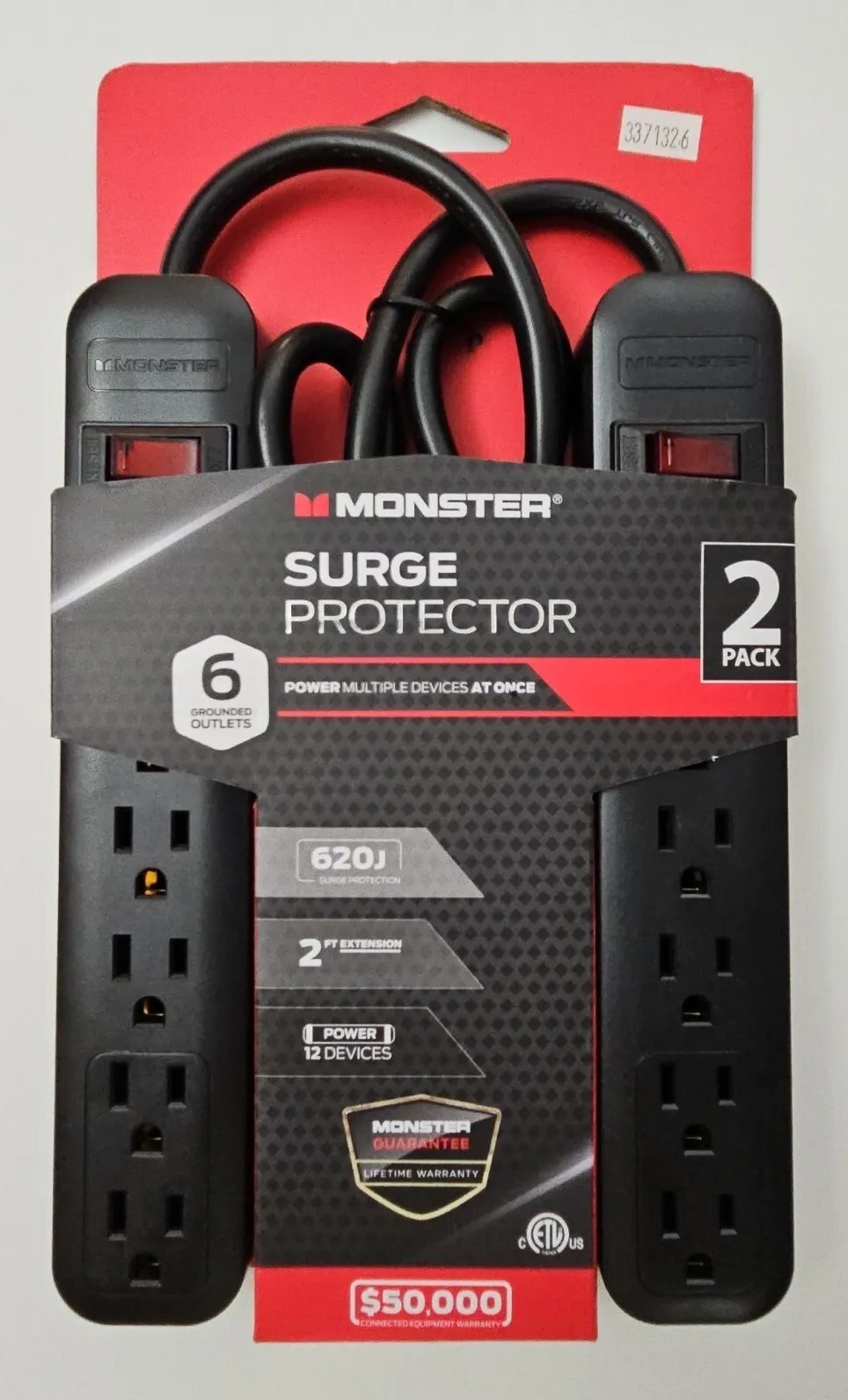 Monster 6-Outlet Surge Protector 2 Pack, 2ft Extension, Black, Lifetime Warranty