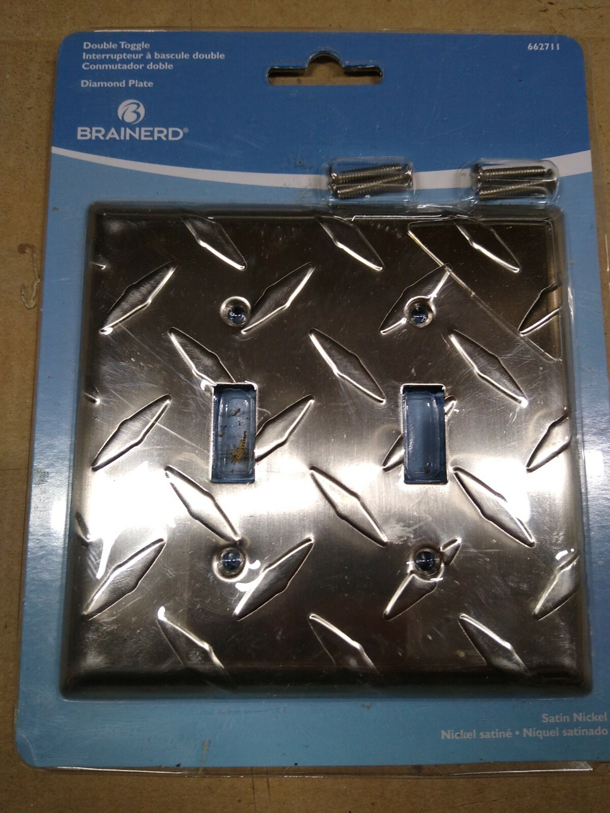 NEW -Brainerd Diamond Plate 2-Gang Satin Nickel Double Toggle Wall Plate
