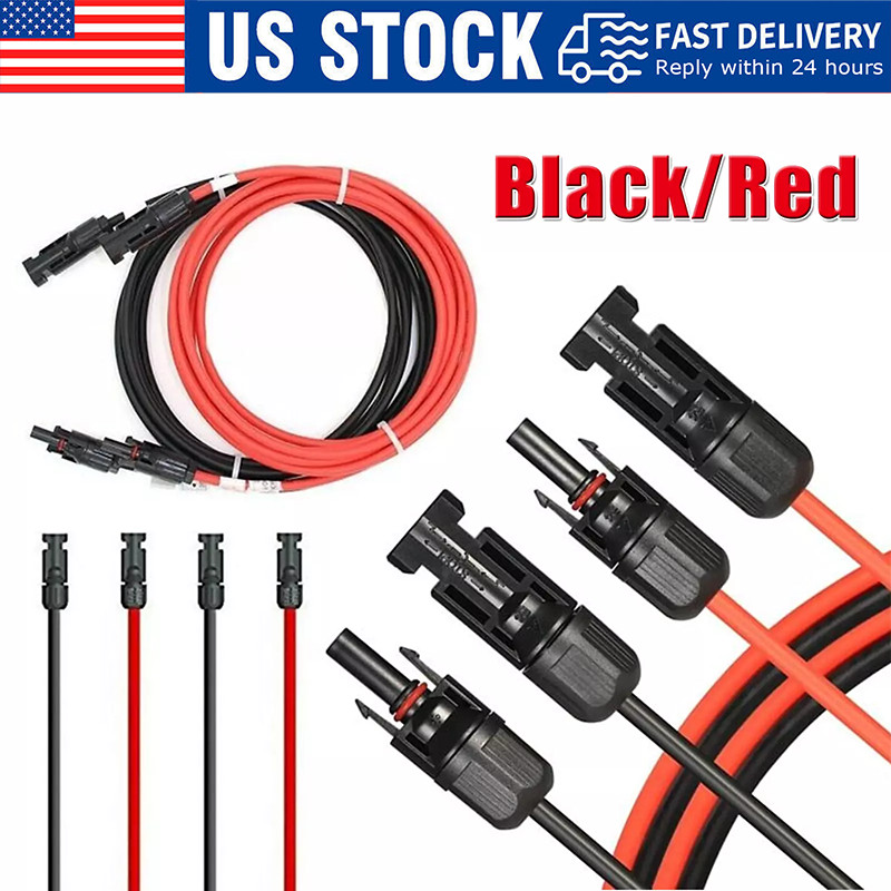 1 Pair Black+Red Solar Panel Extension Cable Wire Solar Connectors 10 AWG Gauge