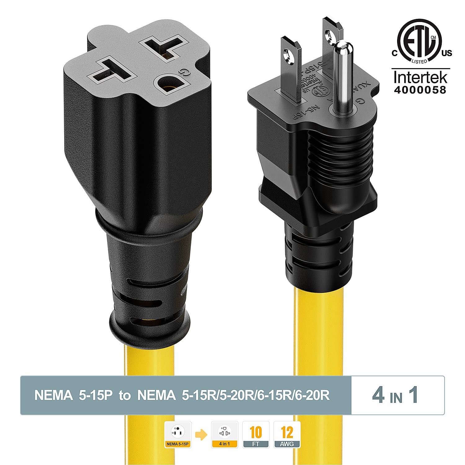 Plugrand NEMA 5-15P To 5-15R/ 5-20R/ 6-15R/ 6-20R AC Adapter, 10FT PC-0050-10FT