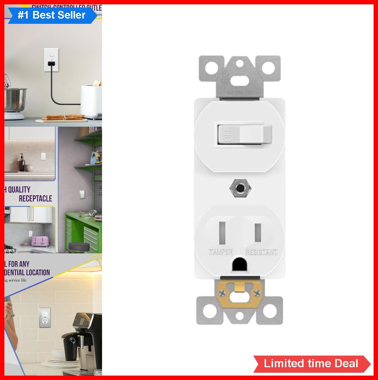 Toggle Switch Outlet Combo 15A 125V Tamper Resistant Single Pole White