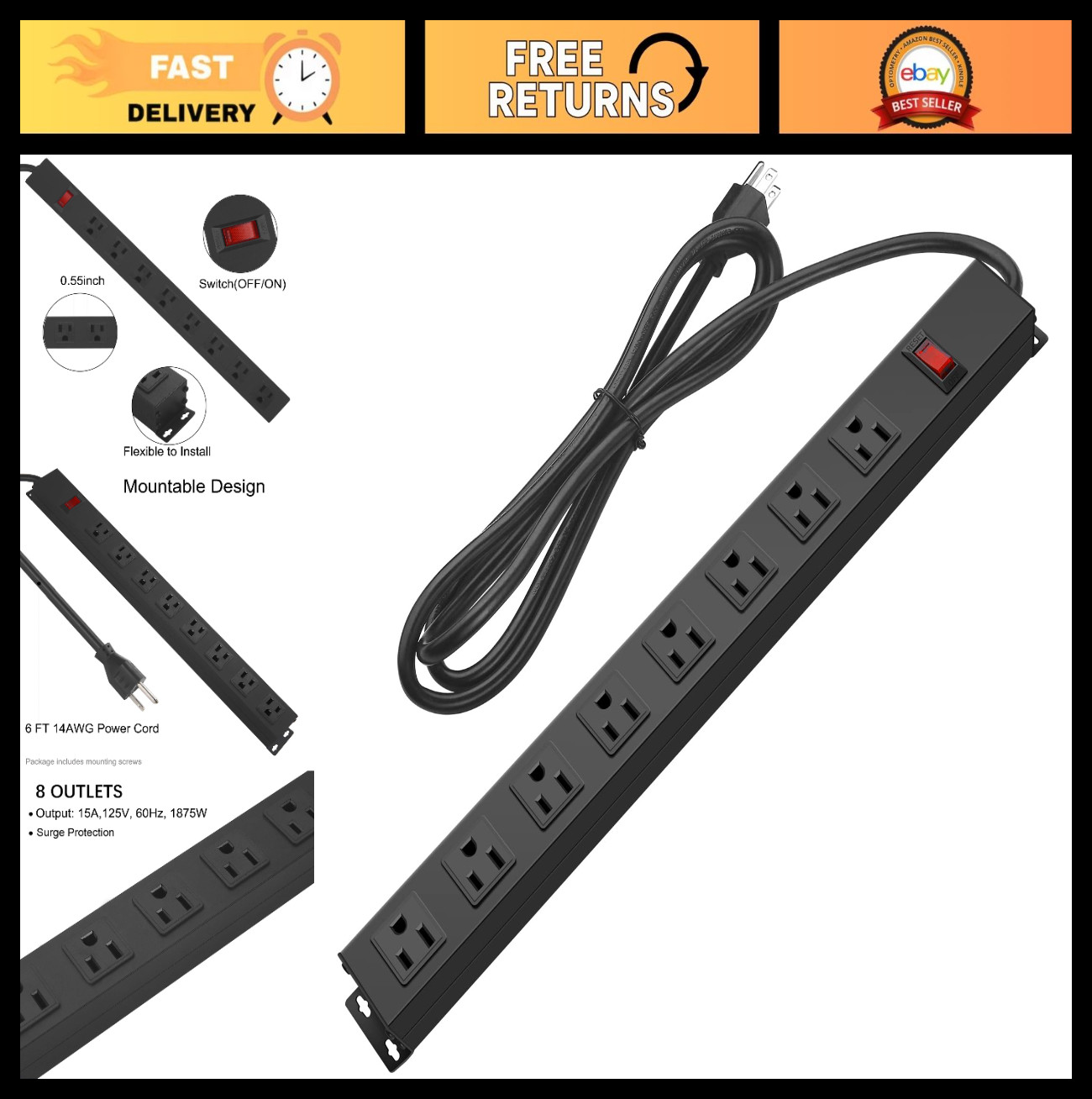 Heavy Duty 8 Outlet Surge Protector Power Strip, 6FT 14AWG Extension Cord, Wall