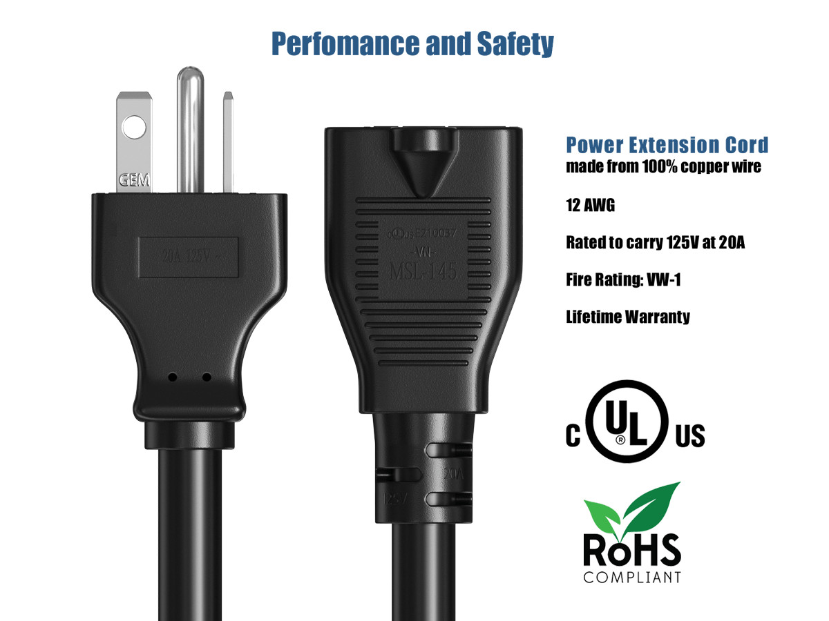 3ft Heavy-Duty NEMA 5-20P to NEMA 5-20R 12AWG Extension Power Cord