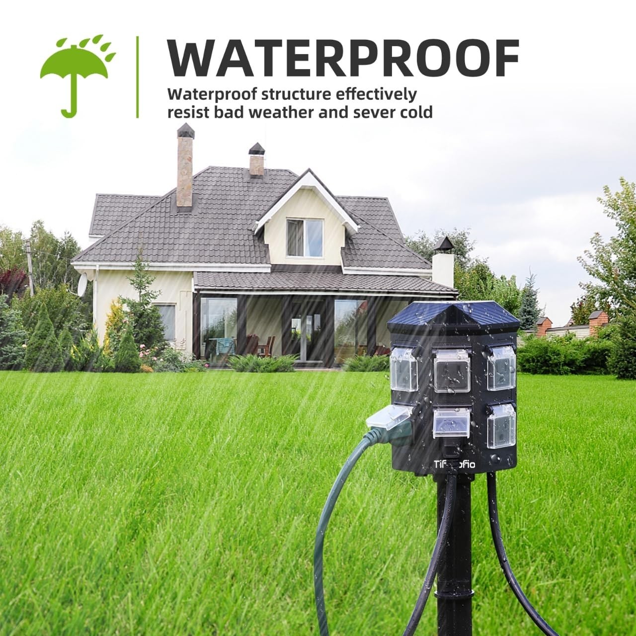 Waterproof Outdoor Power Strip with Stake, 90FT Extension Cord, 6 Outlets, 15A