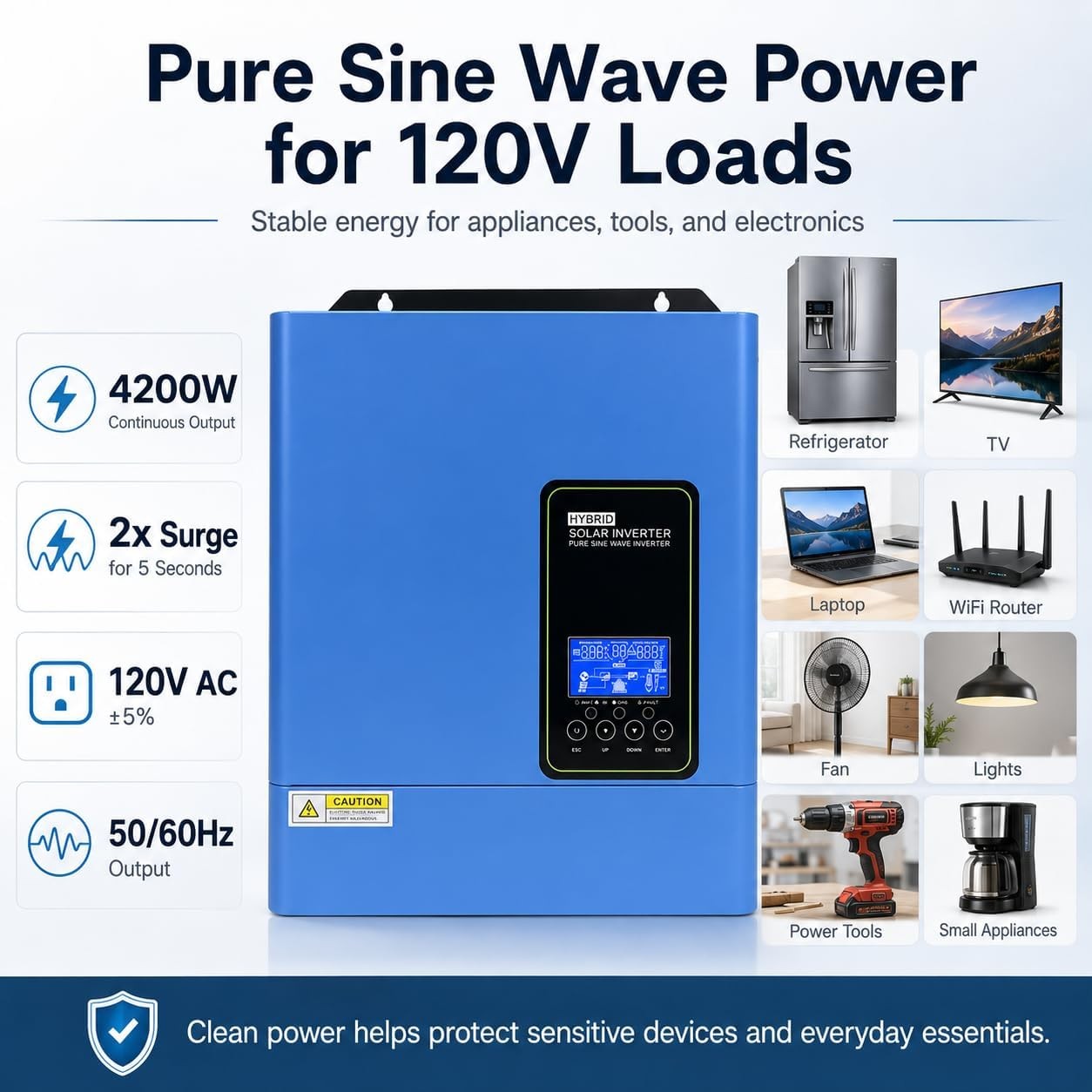 US 4200W 24V Solar Hybrid Inverter 110V 120V Pure Sine Wave 120A MPPT Controller