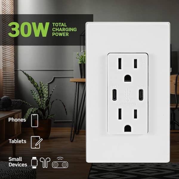 Leviton 30W USB-C Wall Charger Outlet 15A Tamper 2-Port Type-C 2 Pack White