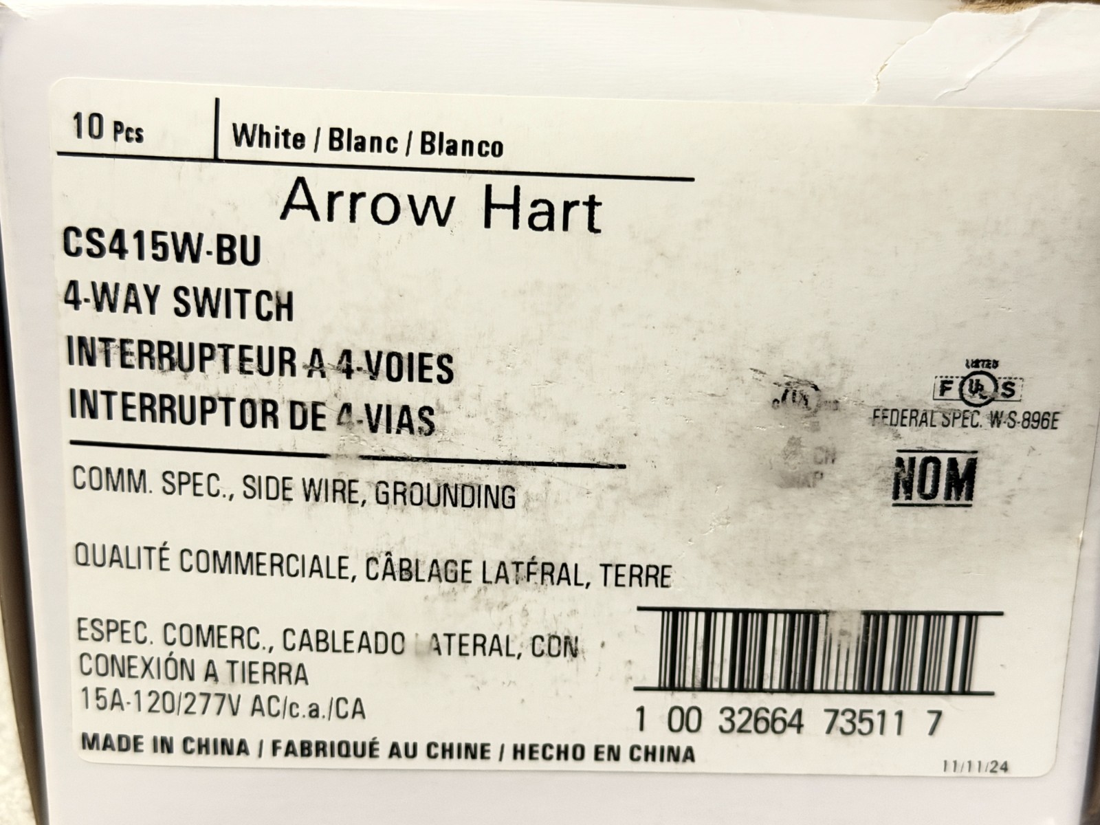 NEW LOT OF 10 Eaton CS415W White COMMERCIAL 4-Way Toggle Switches 15A 120/277V