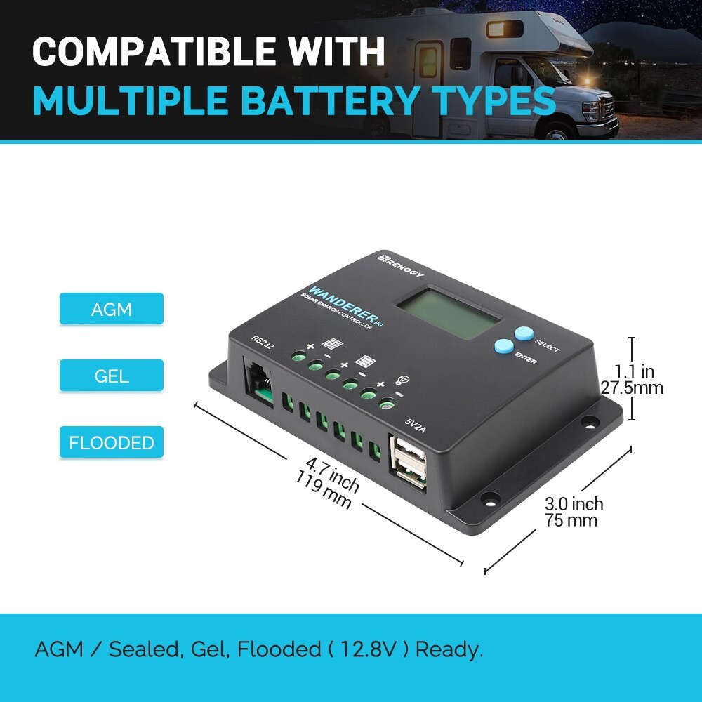 Renogy Wanderer 10A PWM Solar Charge Controller Positive Ground LCD Regulator
