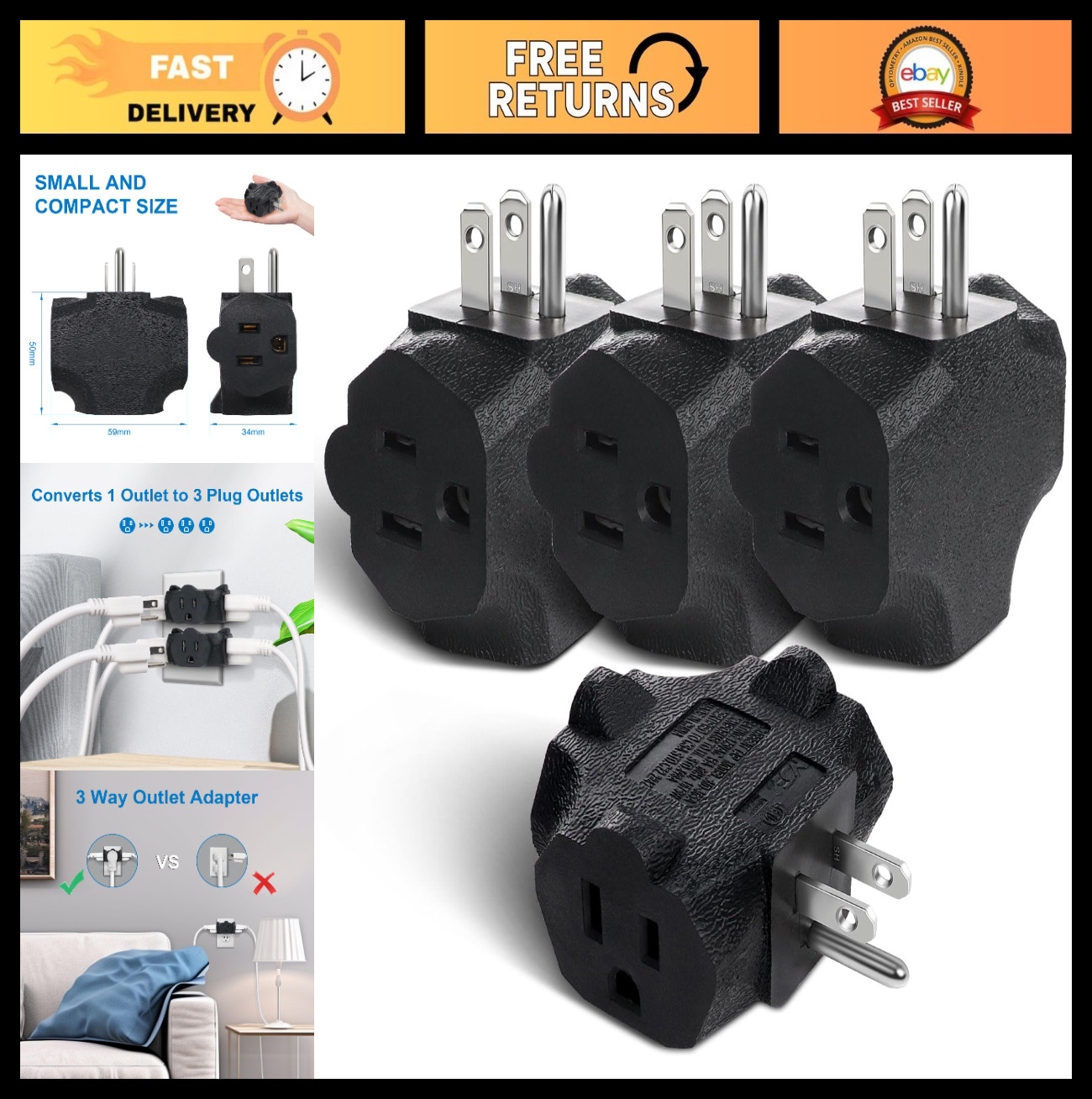 3 Outlet Extender, Heavy Duty Grounded Wall Adapter, T-Shaped Power Splitter, 4
