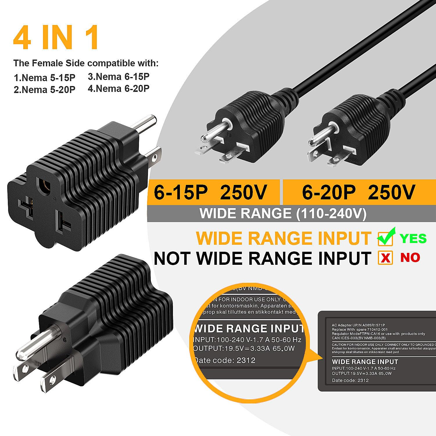 [3Pack] 4-In-1 15 Amp Household AC Plug to 20 Amp T Blade Adapter,5-15P