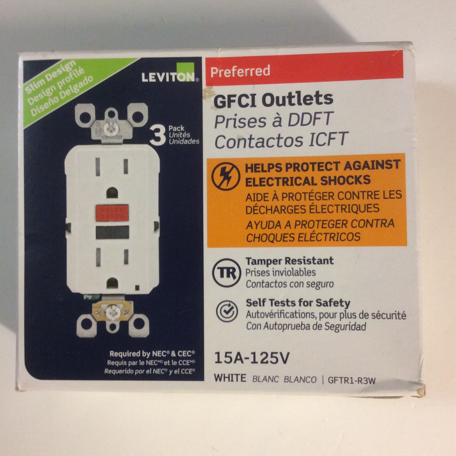 1 Pack (3) GFCI Outlets ~ Tamper Resistant ~ White ~ Slim Design