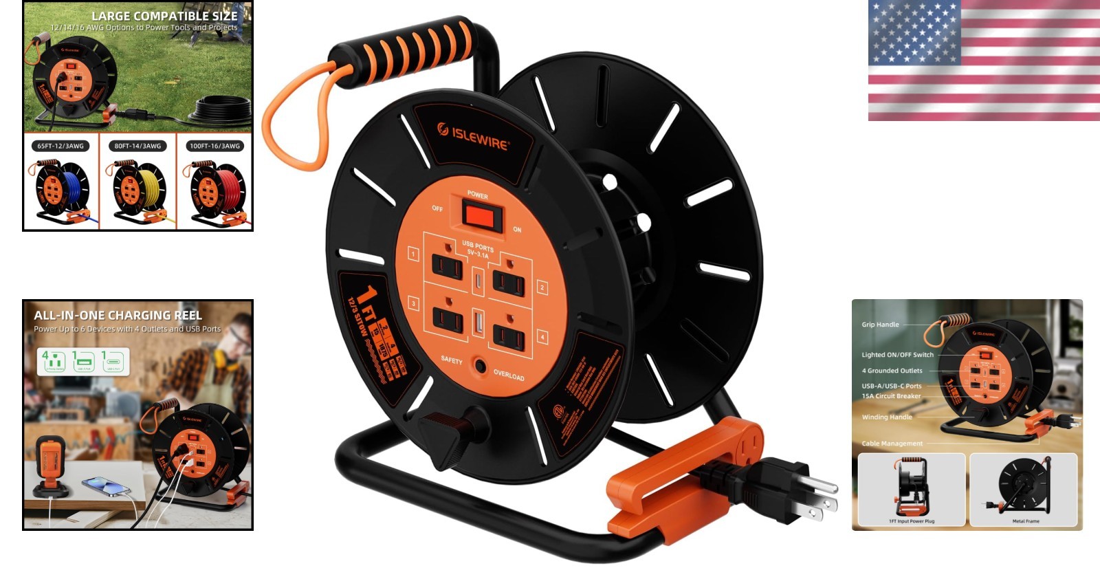 Ergonomic Retractable Cord Reel with 4 Outlets, USB Ports, & Heavy Duty Design