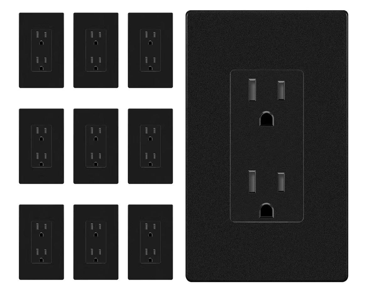 10 Pack Matte Black Decorator Receptacle with Screwless Wall Plate, Standard