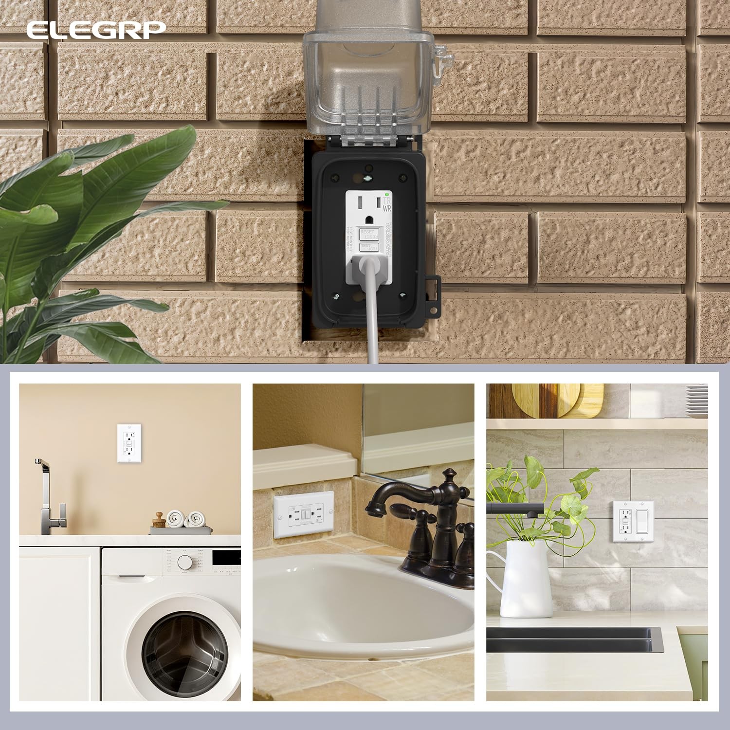 Elegrp Outdoor Gfci Outlet 15 Amp Self-Test Gfi Electrical Outlet Narrow Design